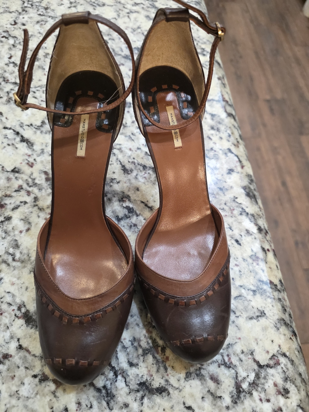 Max Studio Two-Tone Brown Leather Ankle-Strap Heels